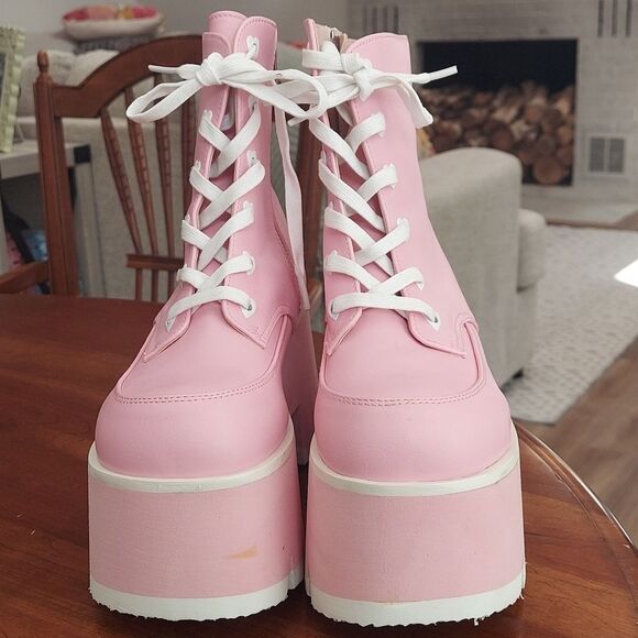 Demonia Ashes-57 Baby Pink Platform Vegan Leather Boots Sz 9 - Picture 3 of 15